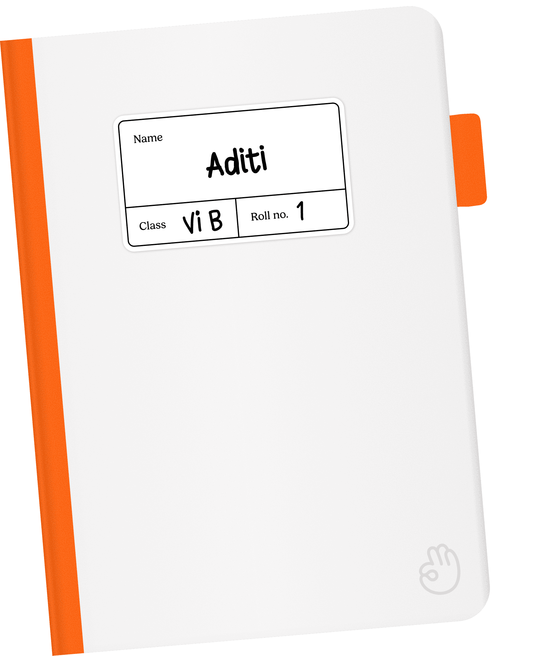 Aditi's orange spine notebook — VI B, Roll no. 1